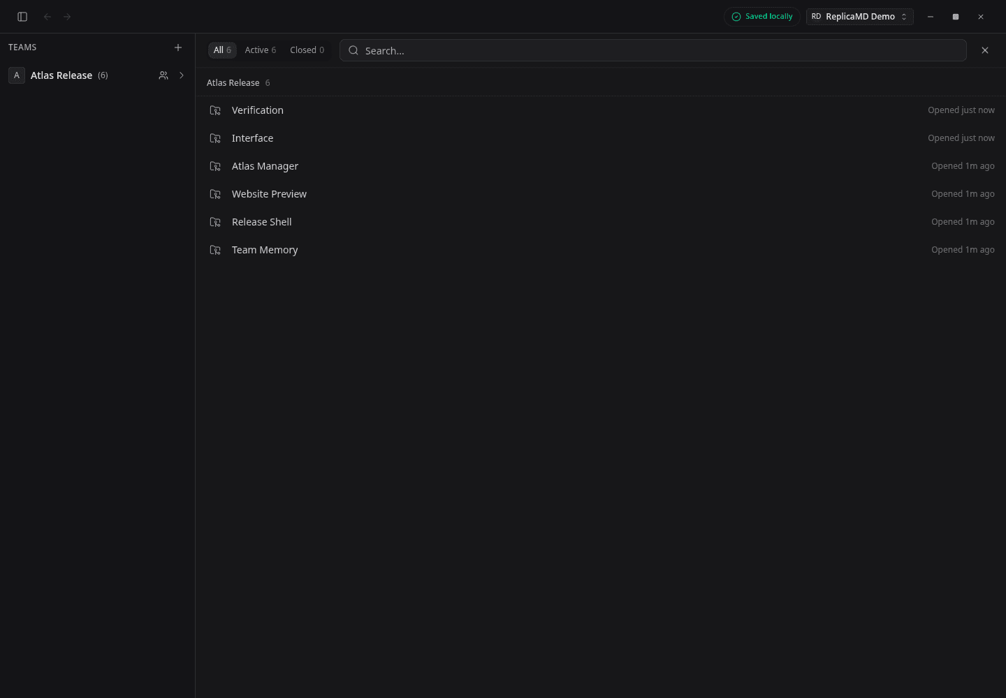 Atlas Release shows its AI members, manager, browser, terminal, and Team Memory seat together with their current activity.